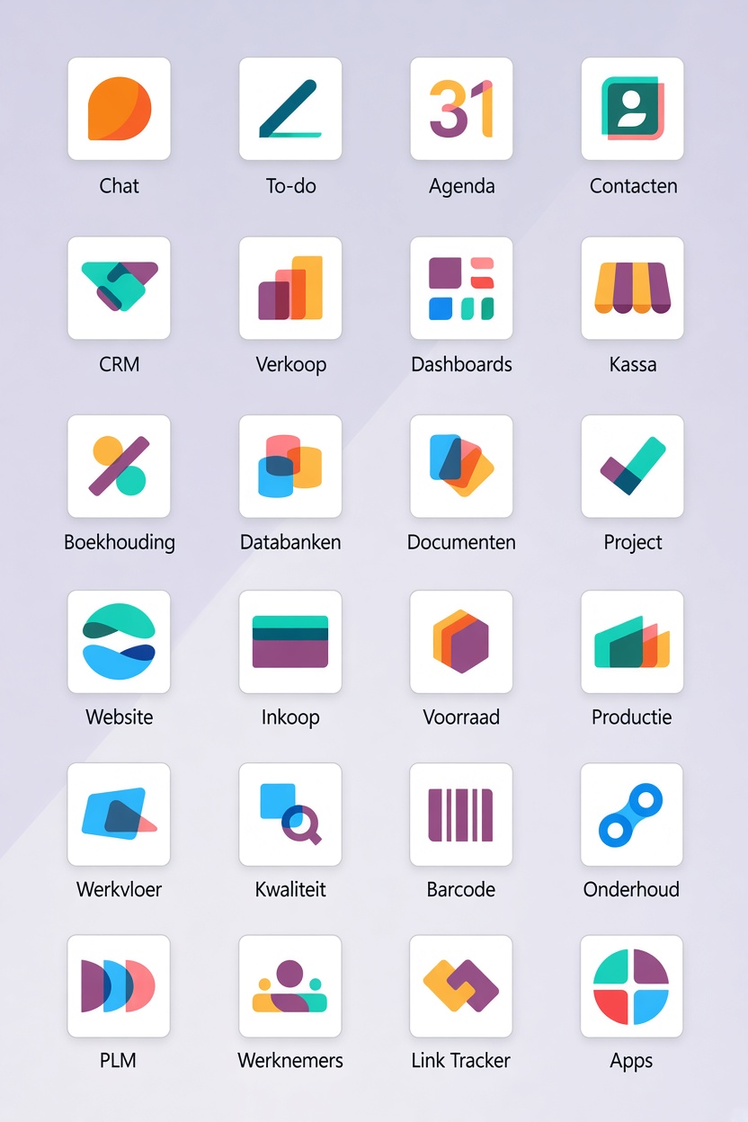 Overzicht van Odoo-apps: Chat, To-do, Agenda, Contacten, CRM, Verkoop, Boekhouding, Voorraad, Productie en meer